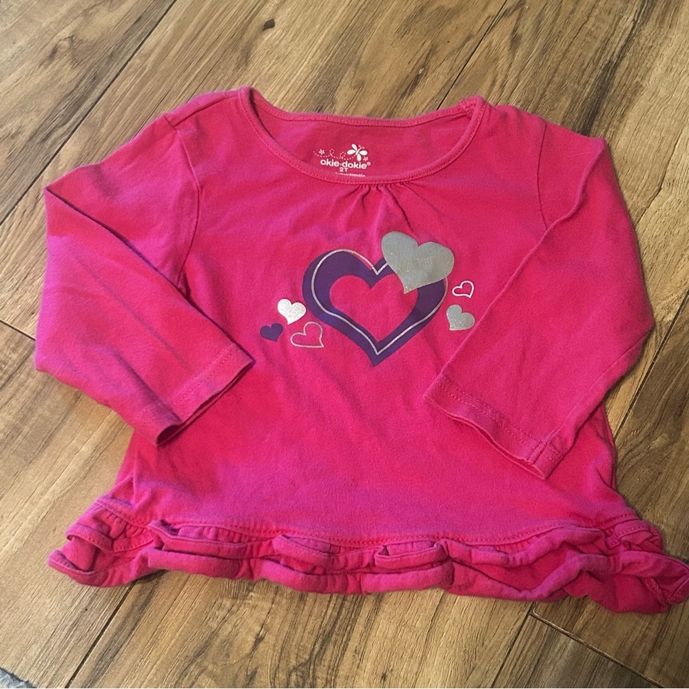 Okie Dokie Girls‎ 2T Pink Heart Long Sleeve Ruffle Hem Top Toddler